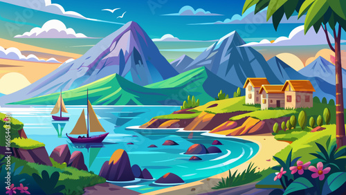  very beautiful Sea and mountains landscape flat vector illustration 