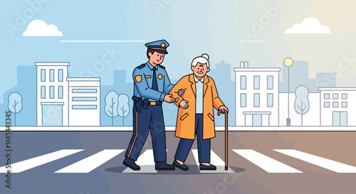 A police officer helps an elderly woman with a cane cross the street at a pedestrian crosswalk.
