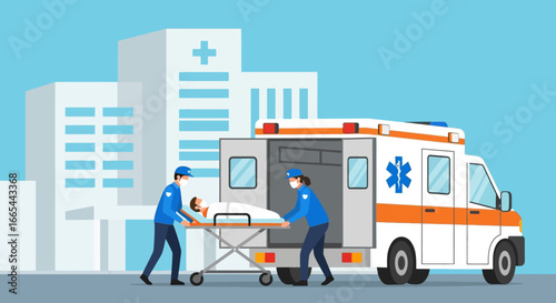 Paramedics in face masks loading a patient on a stretcher into an ambulance outside a hospital building.