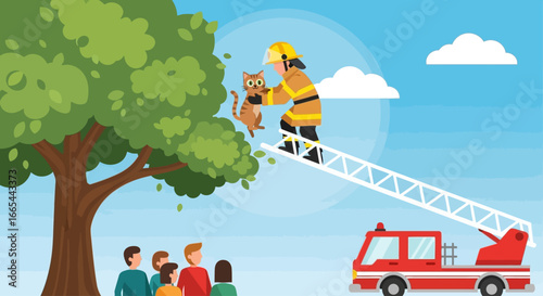 A firefighter on a ladder rescues a scared cat from a tall green tree while a crowd of people watches from below.