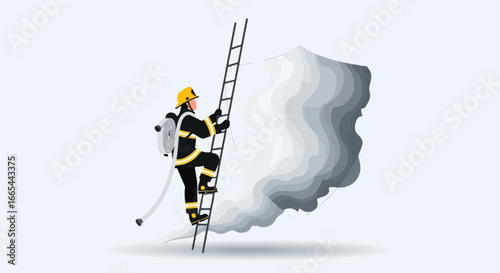 A firefighter in full protective gear with an oxygen tank climbs a ladder into a dense cloud of smoke.
