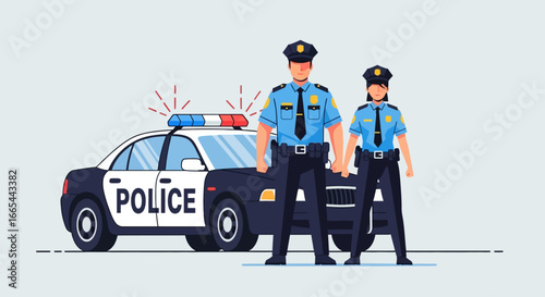 Two police officers stand confidently beside a marked patrol car with flashing lights, representing law enforcement and public safety.