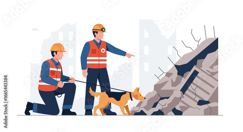 Rescuers in safety vests and hard hats, one kneeling with a search dog, survey a pile of rubble from a collapsed structure.