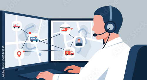 A person wearing a headset monitors emergency response vehicles and locations displayed on multiple computer screens, illustrating dispatch and coordination.