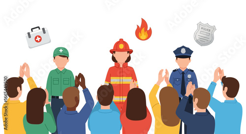 A diverse group of people applauding and showing appreciation for essential first responders, including a firefighter, police officer, and medical professional.
