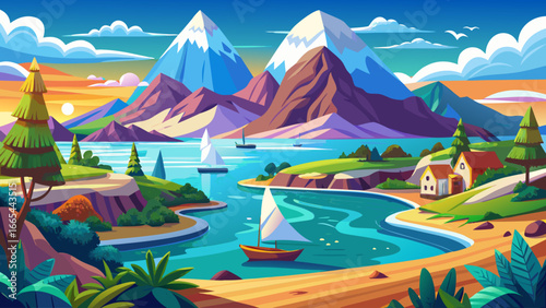 very beautiful Sea and mountains landscape flat vector illustration 
