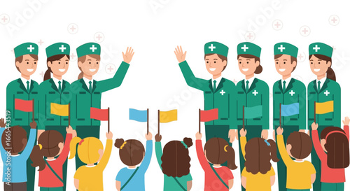 Cheerful nurses greet enthusiastic children waving flags, celebrating a joyful event.