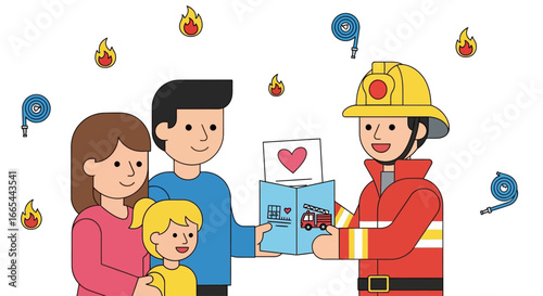 Firefighter gives thank you card to grateful family.