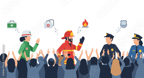 Firefighter, police officers, and paramedics celebrated by grateful community.
