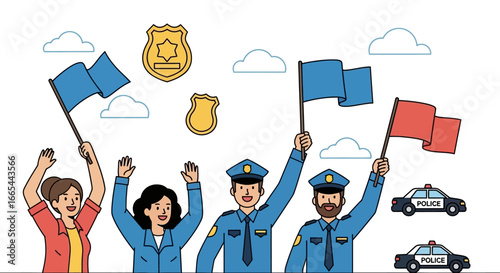 Police officers and civilians cheer together, waving flags in a show of support for law enforcement.