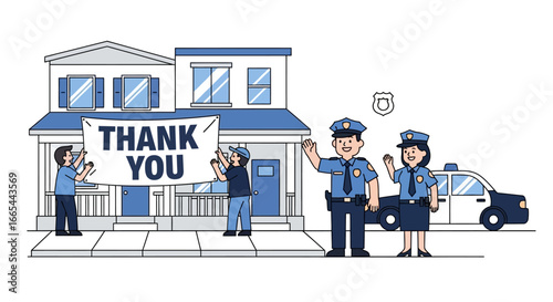Grateful citizens hang a large 'Thank You' banner on their house for two smiling police officers.