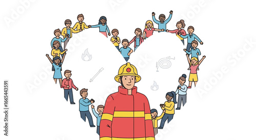 A brave firefighter stands before a diverse community of people forming a heart shape, symbolizing love and appreciation for first responders.