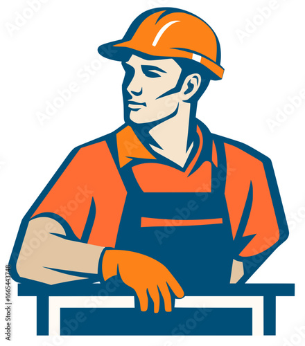 construction worker in coveralls, hard hat and safety gloves; flat jobsite graphic