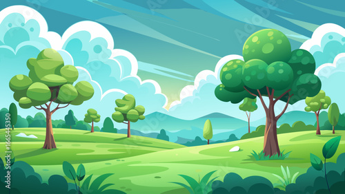  very beautiful Whimsical Minimalist Green Field Landscape with Trees and Fluffy Clouds Vector Art