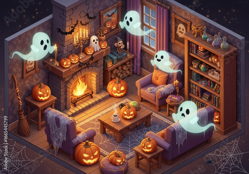 3D Isometric Halloween Room Scene – Cozy Spooky Fireplace with Pumpkins & Ghosts