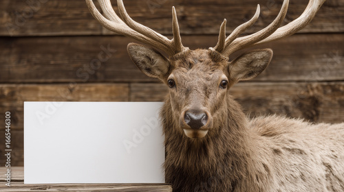 Elk with a blank white sign for your text, wooden background, Hunting lodge style