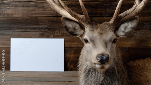 Elk with a blank white sign for your text, wooden background, Hunting lodge style