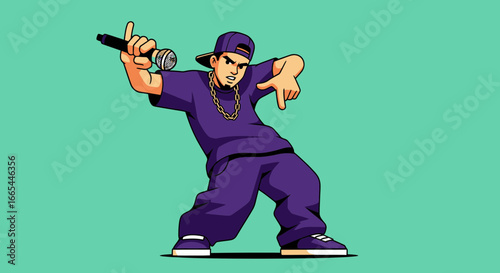 Energetic cartoon rapper in purple streetwear with a gold chain holding a microphone and gesturing.