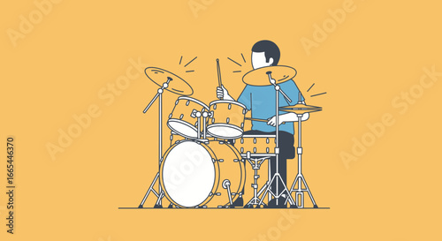Line Art Illustration of a Drummer Playing a Drum Kit.