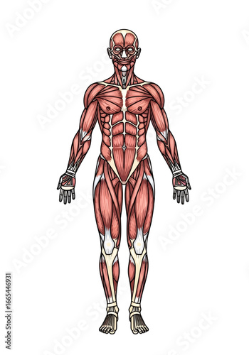 Detailed Anatomical Illustration of Human Muscular System Frontal View.