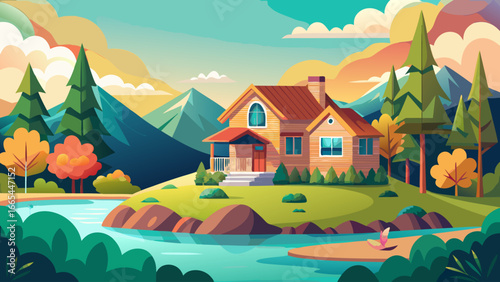  very beautiful vector illustration in flat style of house in the hill with lake and forest near. beautiful landscape illustration