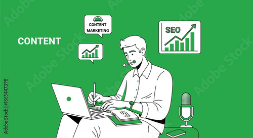 Man working on content marketing and seo strategy with laptop and microphone