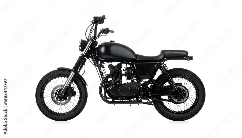 Obraz premium A stylish, black motorcycle, presented in profile view, stands out against a plain white background.
