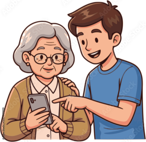 Help from young man to elderly woman to use mobile phone. Grandma with glasses holding smartphone in hand with smile, cute son or grandson pointing at screen to teach cartoon vector illustration