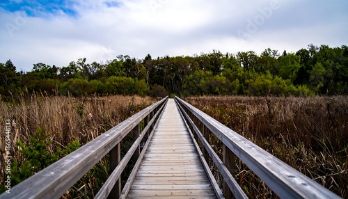 A tranquil wooden boardwalk extends through a marsh, leading to a line of trees under a cloudy sky.