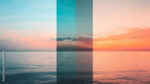 Three split-screen sunset seascapes, showcasing transitions of color