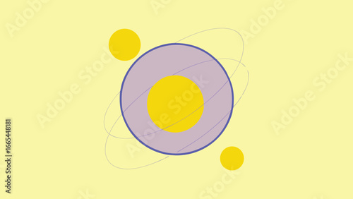Abstract Atomic Structure with Yellow Orbs and Purple Ring on Pale Yellow Background science technology