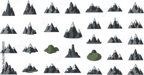 Vector illustration collection of different mountain icons in flat style. Rocks, mountains and hills set isolated on white background.
