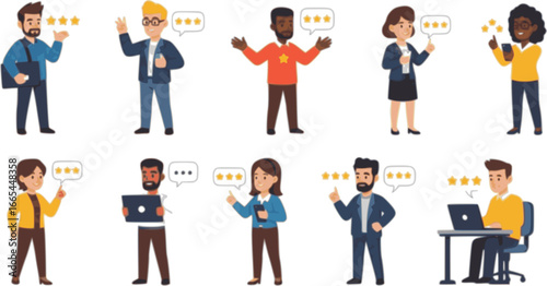 People rate product or service with five stars, good reviews set. Positive customer feedback in social media, characters rate quality with thumbs up and okay gestures cartoon vector illustration 
