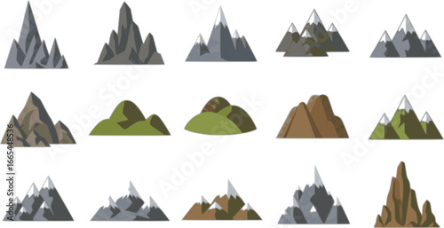 Vector illustration collection of different mountain icons in flat style. Rocks, mountains and hills set isolated on white background.
