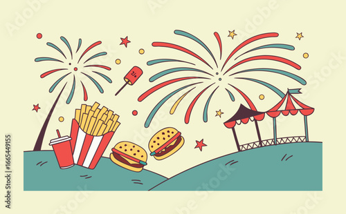 A festival of exploding fireworks turning into fast food delights such as fried chicken, fries, burgers, popcorn, and candy treats.