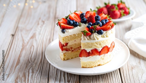 Wallpaper Mural A delectable layered cake, adorned with fresh strawberries and blueberries, sits artfully sliced on a white plate, showcasing a light and airy whipped cream filling. Torontodigital.ca