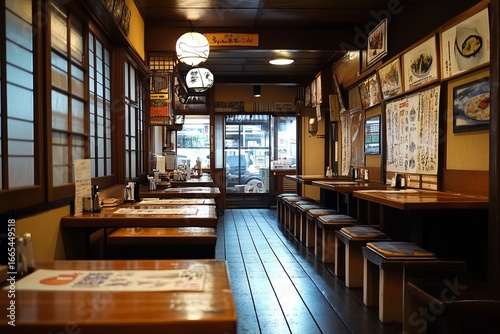 Traditional Japanese restaurant interior. Wooden tables, benches, and walls