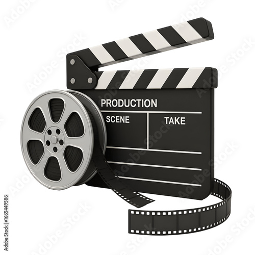 Film and clap board movies symbol 3d. Isolated on white