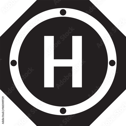 A bold black and white helipad icon with a bold 'H' in the center, symbolizing air transport, emergency services, and aviation infrastructure