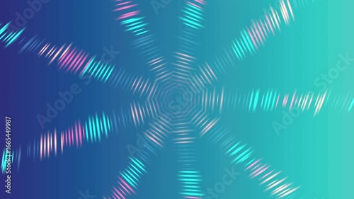 Dynamic light streaks pulse outward from a central geometric pattern in vibrant neon blues and pinks.