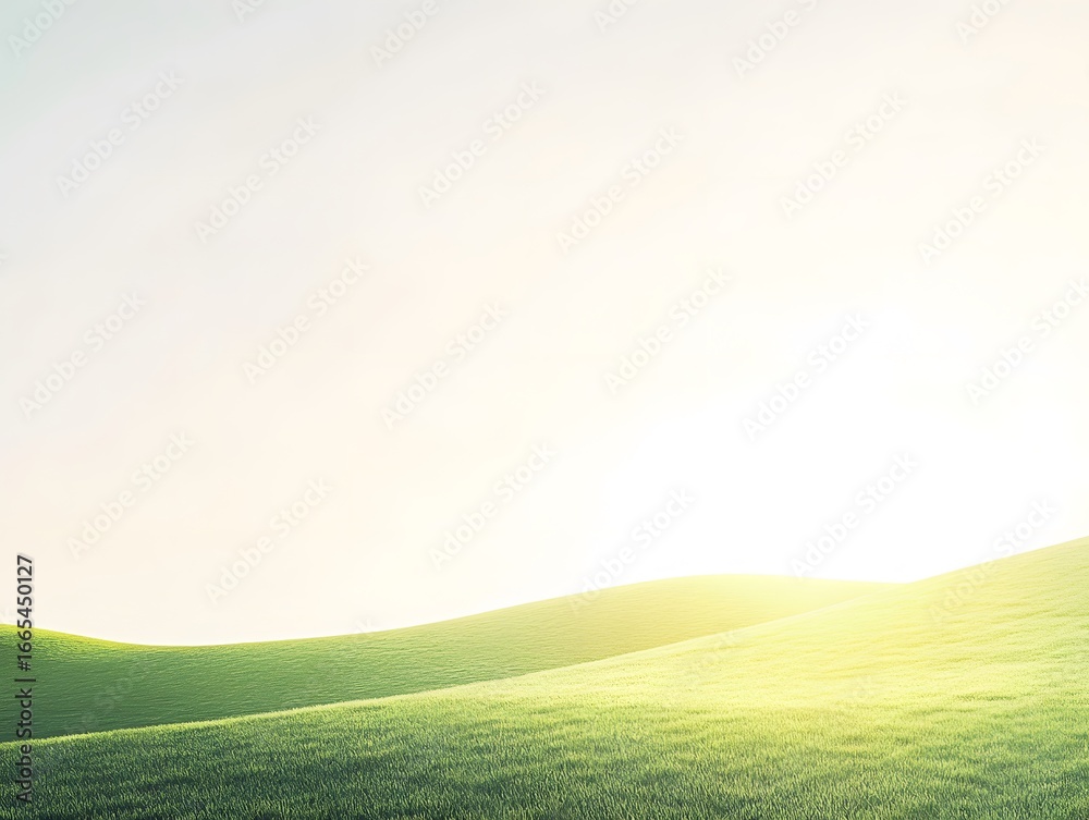 Obraz premium Serene Rolling Hills Landscape, Lush Green Meadow Under Bright Sunlight