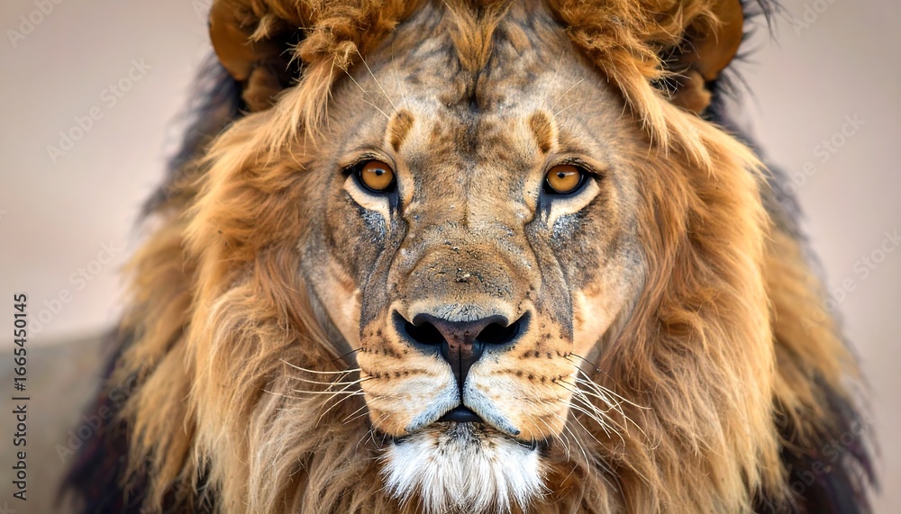 Fototapeta premium Majestic male lion with a magnificent mane looking forward with an intense gaze