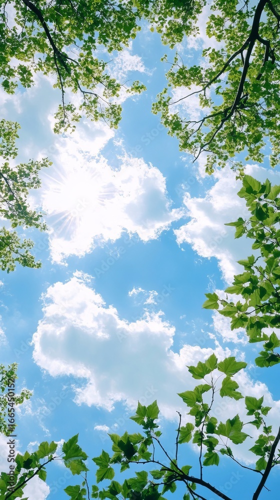 Fototapeta premium Upward view of leafy branches framing a vibrant blue sky dotted with fluffy white clouds and sunlight