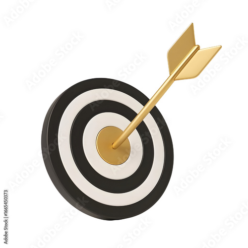 Golden arrow aim to dartboard target or goal of success isolated on white background with complete achievement concept. 3D rendering