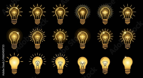 Collection of various golden light bulb icons with glowing effects, representing innovation, creativity, and bright ideas