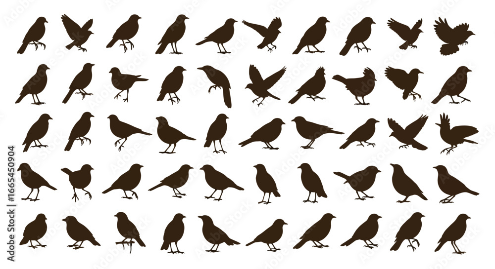 A diverse collection of black bird silhouettes, showcasing various poses from standing and perching to flying. Isolated vector animal icons set