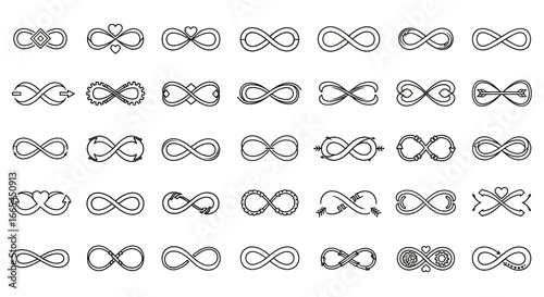 Diverse collection of unique infinity symbol designs in elegant monochrome line art, representing eternity, endless love, and boundless possibilities