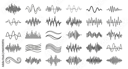 Diverse collection of sound wave patterns and audio visualizations, representing frequencies and amplitudes