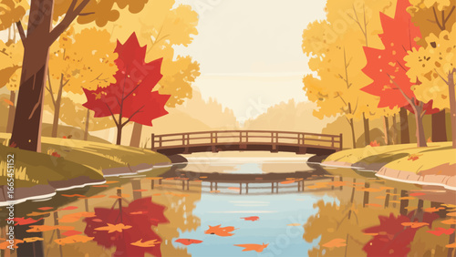 A serene autumn landscape depicts a bridge over a calm river with colorful foliage.