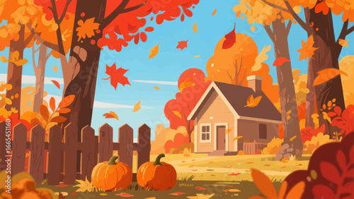 Autumn scene with a cozy house, pumpkins in the yard, and colorful leaves falling from the trees.